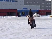 Naughty Lada in a transparent shirt and seamless tights shows off her goodies in a supermarket