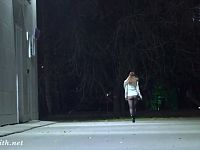 Jeny Smith night walking in black seamless pantyhose without a skirt