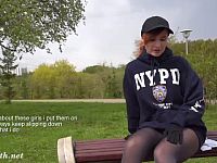 Jeny shows her new Wolford seamless pantyhose in the public place outdoor